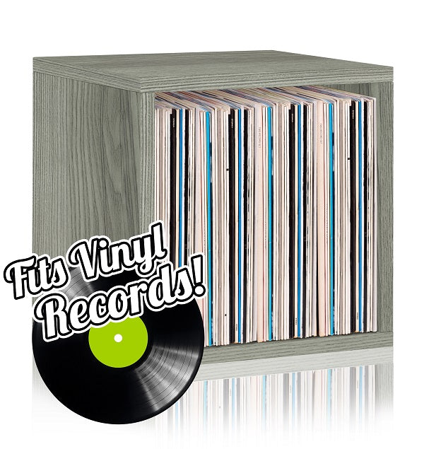 Way Basics 2 Tier Vinyl Storage Box Cube, LP Record Album Turntable Stand,  Grey 